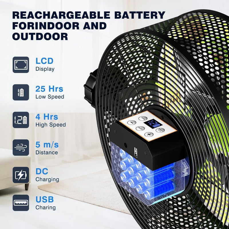 TLOG 12 Inch Portable Cordless Rechargeable Floor Fan, Whisper Quiet Battery Operated Full Metal Fan, 24H Runtime, 12 Speeds, 12H Timer, USB Charging, for Camping, Outdoor Patio, Home, Garage, Bedroom - Image 3